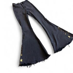 Y2K Low Rise Black Flare Jeans – Grunge Star embroidered/Studded [S]